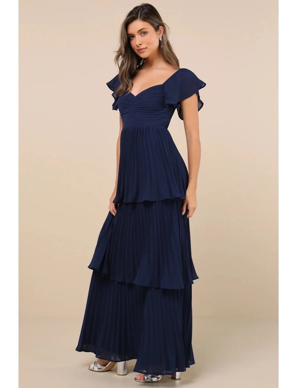 NWT Lulu’s Notorious Charm Navy Blue Pleated Flutter Sleeve Maxi Dress Size 2X